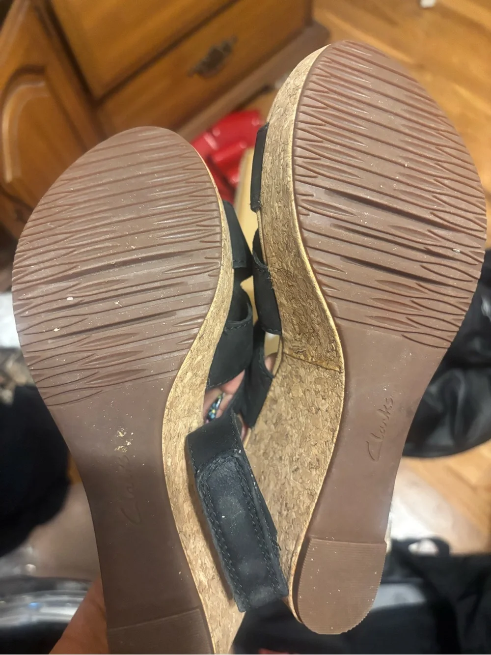 Clarks Black Wedge Slide Sandals with Cutout Upper